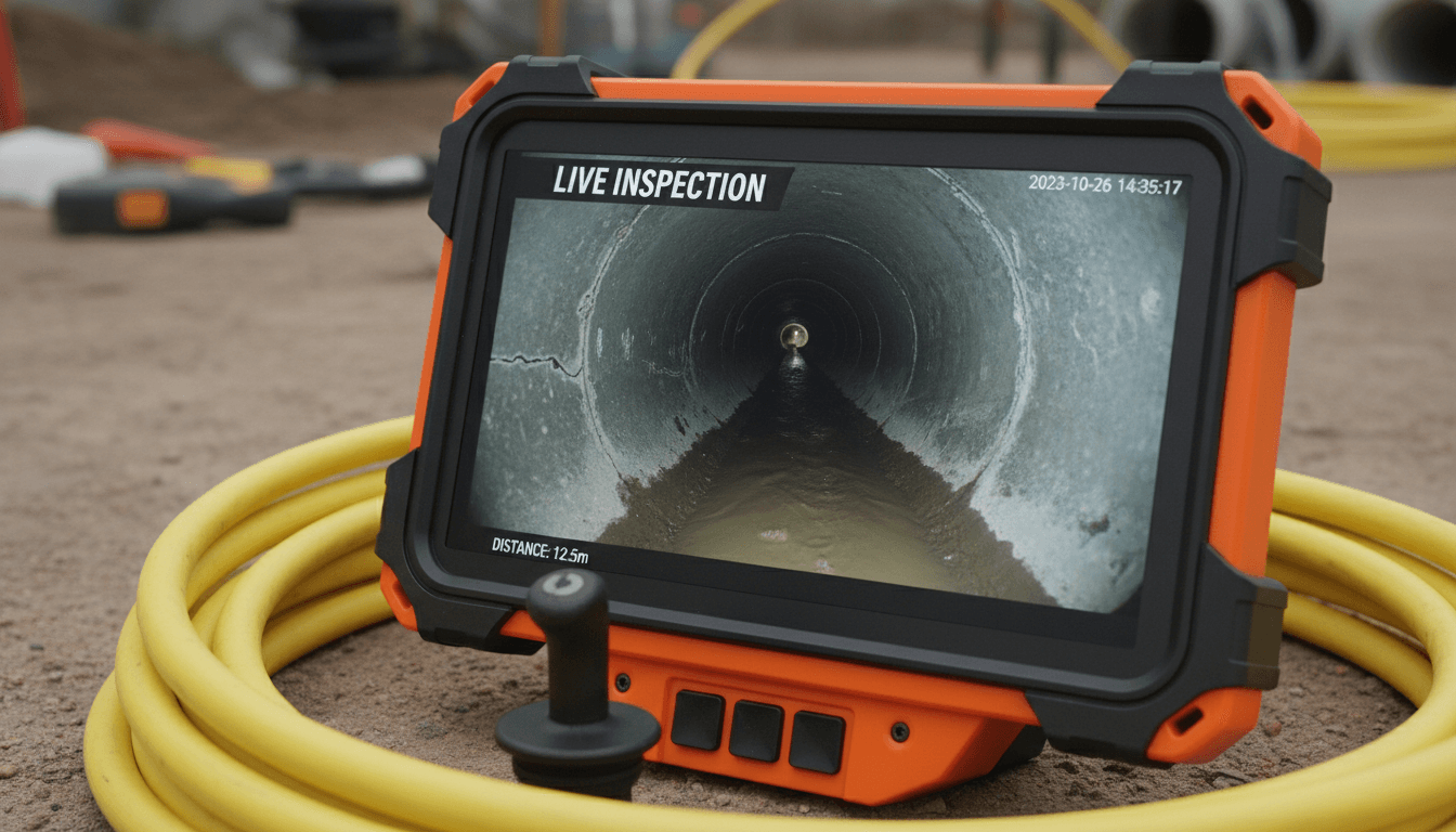 Close-up of a sewer camera monitor showing pipe inspection video