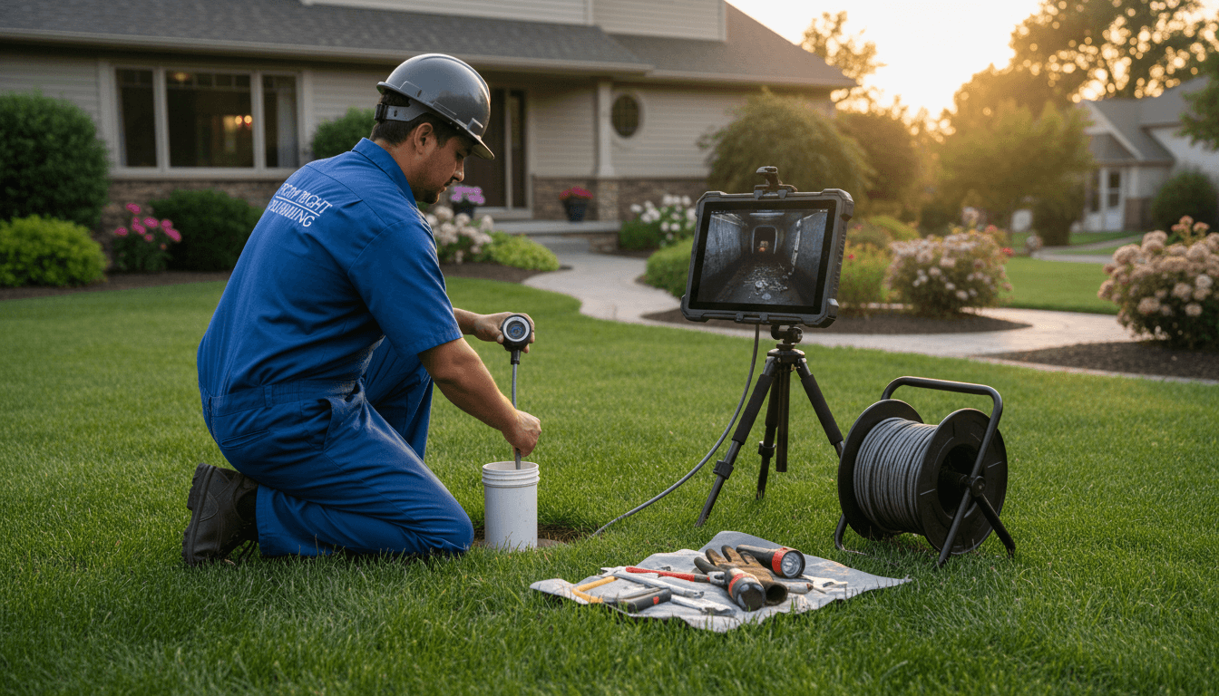 Plumber using a sewer camera to inspect a drain line